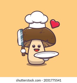 cute mushroom chef. Vegetable world day. Vector isolated flat illustration for poster, brochure, web, mascot, sticker, logo and icon.