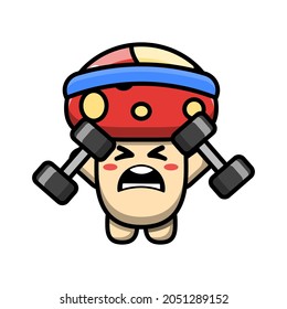 cute mushroom doing fitness with dumbbell icon illustration vector graphic