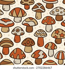 Cogumelo bonito Doodle padrão sem costura. Plano de fundo de design plano de ilustração de vetor. 
