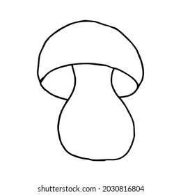 Cute mushroom in doodle style. Black and white vector illustration. Autumn decoration. Forest mushroom. Isolated on white background. Illustration for coloring pages, sketch, outline