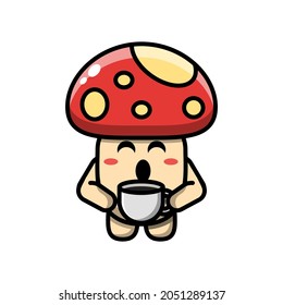 cute mushroom drinking coffee icon illustration vector graphic