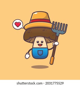 cute mushroom farmer. Vegetable world day. Vector isolated flat illustration for poster, brochure, web, mascot, sticker, logo and icon.