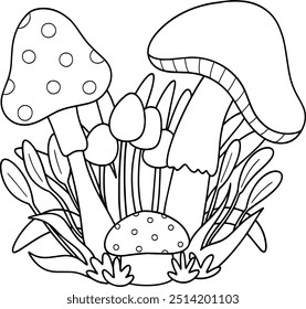 Cute mushroom floral coloring page vector illustration, black white outline coloring book for kids