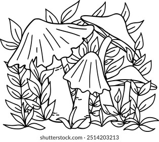 Cogumelo floral bonito coloração página ilustração vetorial, preto branco contorno livro de coloração para crianças