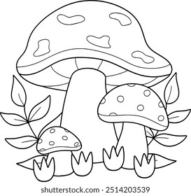 Cute mushroom floral coloring page vector illustration, black white outline coloring book for kids