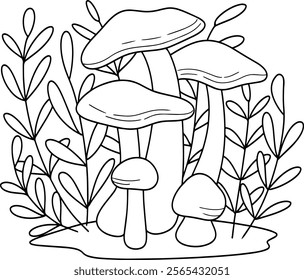 Cute mushroom floral coloring page vector illustration, black white outline coloring book for kids