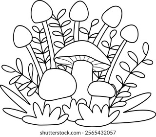 Cute mushroom floral coloring page vector illustration, black white outline coloring book for kids