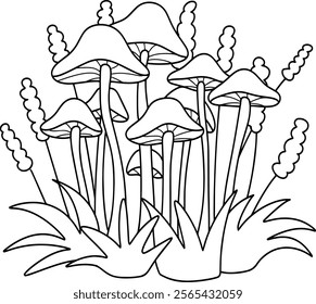 Cute mushroom floral coloring page vector illustration, black white outline coloring book for kids