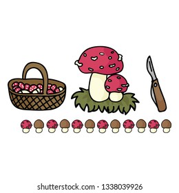 Cute mushroom foraging with basket cartoon vector illustration motif set. Hand drawn  fungi hunting elements clipart for wild blog, toadstool graphic, woodland web buttons.