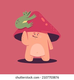 Cute mushroom with frog vector cartoon character isolated on background.