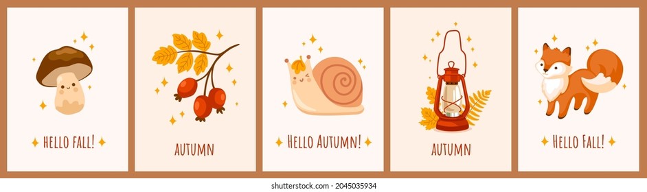 Cute mushroom, funny winking snail, kawaii fox, red vintage kerosene lamp and rose hip berries. Set of autumn and fall postcard templates. Poster, print, invitation. Vector cartoon illustrations. 