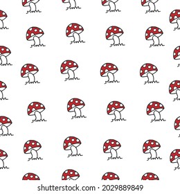 cute mushroom with grass illustration on white background. red color, wild plant. seamless pattern, hand drawn vector. wildlife. doodle art for wallpaper, wrapping paper, gift paper, backdrop, fabric.