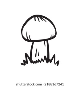 Cute mushroom in the grass. Vector engraving on isolated white background.