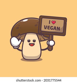 cute mushroom with greeting love vegetable. Vegetable world day. Vector isolated flat illustration for poster, brochure, web, mascot, sticker, logo and icon.