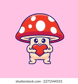 Cute Mushroom Holding Love Heart Cartoon Vector Icon Illustration. Food Holiday Icon Concept Isolated Premium Vector. Flat Cartoon Style