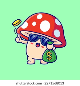 Cute Mushroom Holding Money Bag Cartoon Vector Icon Illustration. Food Business Icon Concept Isolated Premium Vector. Flat Cartoon Style