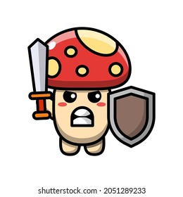 cute mushroom holding sword and shield icon illustration vector graphic
