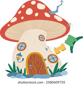 Cute mushroom house with clothes hanging, chimney, windows, door, grass, rocks and lantern, creating a magical and whimsical fairy tale atmosphere