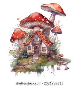 cute mushroom house Colorful clip art watercolor