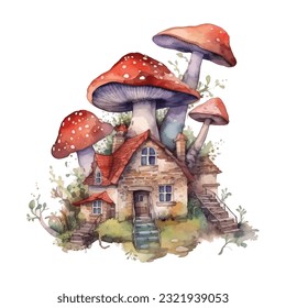 
cute mushroom house Colorful clip art watercolor
