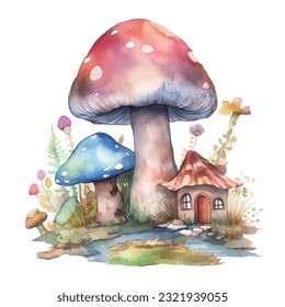 
cute mushroom house Colorful clip art watercolor
