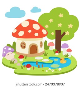 Cute Mushroom House in an Enchanted Forest with a Duck Pond. Adorable illustration for kids.