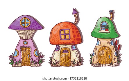 Cute mushroom house fairy tale cartoon icons colorful vector collection