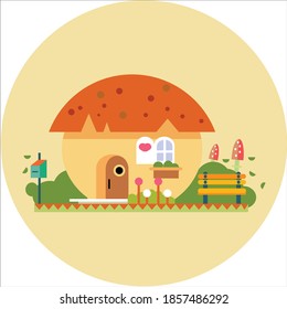 Cute Mushroom House  Flat Illustration