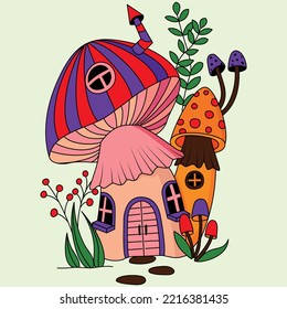 Cute mushroom house with flowers decoration coloring illustration vector artwork