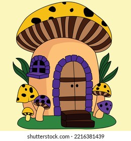 A cute mushroom house with leaves and little mushroom decorated coloring illustration vector artwork