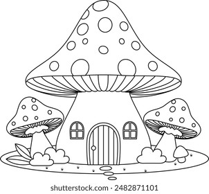 Cute mushroom house outline coloring page for kids