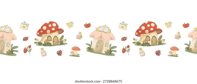Cute mushroom house seamless border pattern with fairy garden elements and ladybugs.