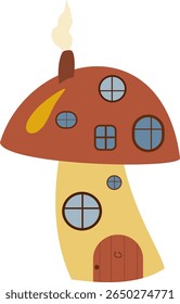 Cute mushroom house vector illustration with a brown cap and yellow accent. Great for children’s books, fantasy themes, fairy tales, posters, and creative projects.