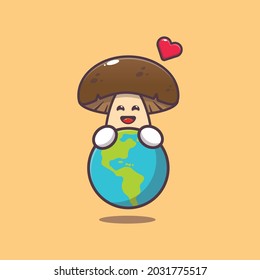 cute mushroom huging earth. Vegetable world day. Vector isolated flat illustration for poster, brochure, web, mascot, sticker, logo and icon.