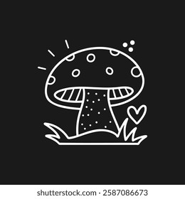 Cute mushroom illustration with playful design and heart on a dark background