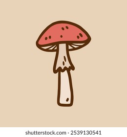Cute mushroom isolated on a beige background. Vector hand-drawn doodle illustration. Perfect for decorations, logo, various designs.