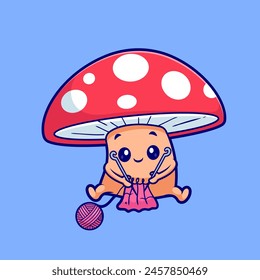 Cute Mushroom Knitting Fabric Cartoon Vector Icon Illustration. Food Fashion Icon Concept Isolated Premium Vector. Flat Cartoon Style