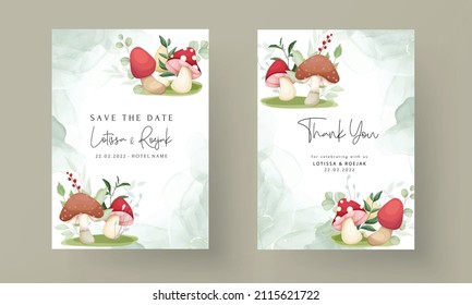 cute mushroom and leaves hand drawing wedding invitation card