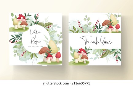 Cute mushroom and leaves hand drawing invitation card template