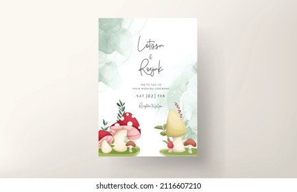 Cute mushroom and leaves hand drawing invitation card template