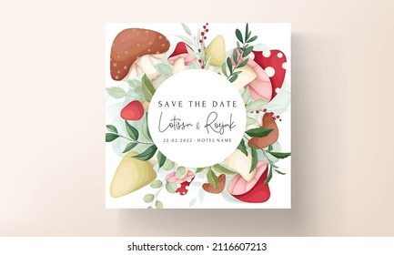 Cute mushroom and leaves hand drawing invitation card template