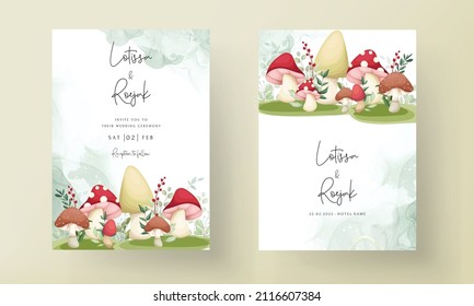 Cute mushroom and leaves hand drawing invitation card template