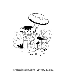 Cute mushroom linear outline illustration on white background. Black and white forest fungi line art