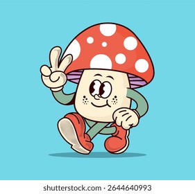 Cute mushroom mascot cartoon in retro and colorful style. Fun and cheerful character perfect for poster design, sticker, logo, and nature themed illustration