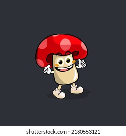 
cute mushroom mascot cartoon, showing the delicacy of the product with his thumb