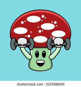 Cute mushroom mascot exercising shoulder press using dumbbells of illustration vector and Premium Vector