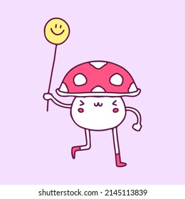 Cute mushroom mascot holding smile face balloon, illustration for t-shirt, sticker, or apparel merchandise. With doodle, retro, and cartoon style.