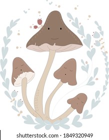 Cute mushroom mom and children with forest herbs and flowers around.

