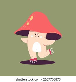 Cute mushroom on roller skates vector cartoon character isolated on background.