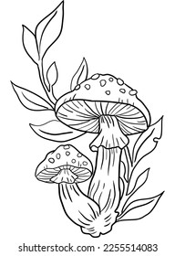 cute mushroom outline for coloring book  fantasy mushroom illustration  black   white mushroom cartoon 
